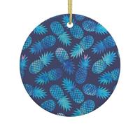 Blue Pineapple Double-Sided Printed Christmas Ceramic Round Ornament With Gold Hanging Cord-Festive Holiday Decoration For Home,Store