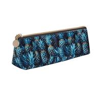Blue Pineapple Print Large Capacity Leather Pencil Case Smooth Zippered Pen Pouch School Travel Makeup