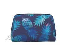 Blue Pineapple Print Leather Cosmetic Pouch, Leather Makeup Bag for Purse with Top Zip Closure Stylish Toiletry Bag