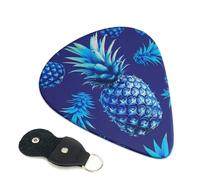 Blue pineapple Printed Guitar Picks, 6 Pack with Leather Keychain Pick Holder - 0.46mm, 0.71mm, 0.96mm Assorted Thickness for Acoustic Ukulele, Electric Guitar, Acoustic Guitar, Bass