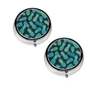 Blue Pineapple Round Pill Box Compact 3 Compartment Metal Pill Organizer with Print Design, Portable Travel Medication Case for Daily