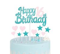 Blue Pink 16th Birthday Cake Topper, Girls 16th Birthday Decorations, Glitter Heart Stars Cake Toppers, Personalised Happy Birthday Cake Cupcake Toppers for Women Girls Baby Birthday Party Supplies