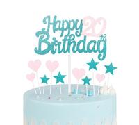 Blue Pink 20th Birthday Cake Topper, Girls 20th Birthday Decorations, Glitter Heart Stars Cake Toppers, Personalised Happy Birthday Cake Cupcake Toppers for Women Girls Baby Birthday Party Supplies