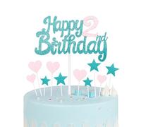 Blue Pink 2nd Birthday Cake Toppers - Glitter Heart Stars & Personalised Happy Birthday Cake Cupcake Toppers for Girls Party Supplies