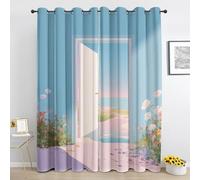 Blue Pink Aesthetic Curtains, Dreamy Ocean Scenery Blackout Curtains 54 Inch Drop, Optical Illusion Thermal Insulated Curtain for Bedroom Living Room, Eyelet Curtain 2 Panels, Fh509