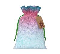 (Blue Pink and Purple Pastel Colors) Printed Christmas M Size Gift Bags with Green Ribbon Drawstring Candy Bags for Kids Xmas Holiday Christmas Eve Presents