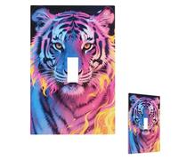 Blue Pink And Yellow Fire Tiger Wall Plate Cover Modern Decorative 1 Gang Light Switch Cover Unbreakable Receptacle Outlet Covers For Living Room Bedroom Home Decor Single Toggle