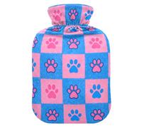 Blue Pink Checkers Dog Paw Prints hot Water Bottle with Soft Cover, 2L Warm Water Bottle for Bed for Menstrual Cramps, Arthritis, compresas calientes para el vientre