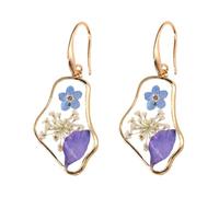Blue Pink Dried Flowers Drop Dangle Earrings for Women Gold Plated Pressed Flower Dangling Earring Fashion Vintage Geometric Fish Hook Forgot-Me-Not Jewelry for Wedding Party, S, Metal, No Gemstone