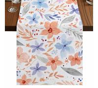 Blue Pink Floral Table Runner, Boho Light Blue Pink Flowers Leaf Cotton and Table Linen Runner for Kitchen Dining Home Decor for Party Festival Holiday Decoration Gift 13x108in