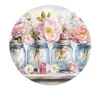 Blue Pink Green Boho Round Rug 120cm - Floral Glass Jar Carpet Portable Washable Soft for Home Decor Dining Room Kitchen Playroom Dorm