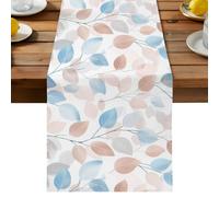 Blue Pink Leaves Table Runner, Vintage Rustic Botanical Branches Organic Texture Cotton and Table Linen Runner for Kitchen Dining Home Decor for Party Festival Holiday Decoration Gift 16x72in
