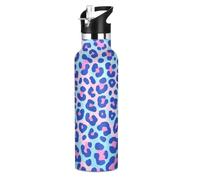 Blue-pink Leopard Print Leak Proof & BPA Free Kids' Metal Water Bottle With Straws Leak-proof Double Wall Vacuum Bike Running Sports Travel Gym