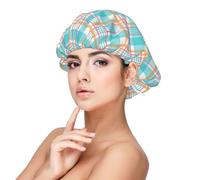Blue Pink Plaid Print a Satin Silk Bonnet for Sleeping Women, Adjustable Double Layer Satin Hair Bonnet Night Sleep Cap for Curly Hair