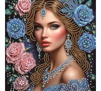 Blue Pink Rose Beaded Lady Special Shaped DIY Partial Drill Diamond Painting Kit for Adults Beginners Home Decor Diamonds Paintings Gem Art 30x30cm