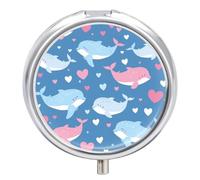 Blue Pink Whale Heart Pill Case Box with 3 Compartment Medicine Vitamin Organizer for Purse Pocket 5x5cm