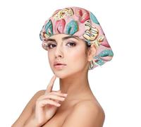 Blue Pink White Donut Print Satin Silk Bonnet for Sleeping Women, Double Layer Adjustable Satin Hair Bonnet Night Sleep Cap for Curly Hair