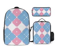 Blue Pinkes Argyle 3 Pieces Set Laptop Backpack Casual Daypack with Lunch Box Pencil Case for Travel