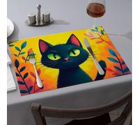 Blue Placemats A Black Cat With Green Eyes Surrounded By Colorful Leaves Dining Place Mats Premium Kitchen & Dining Strawberry Rug(6PCS)