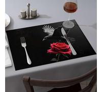 Blue Placemats A Black Crow Perches On A Red Rose Against A Dark Background Dining Place Mats Easter Placemats Easter Placemats(6PCS)