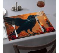 Blue Placemats A Black Crow Stands Beside Lit Candles And Red Roses Dining Place Mats Premium Kitchen & Dining Strawberry Rug(1PCS)