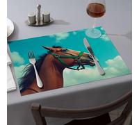 Blue Placemats A Brown Horse With A Green Halter Against A Blue Sky Dining Place Mats Premium Kitchen & Dining Pink Placemats(4PCS)