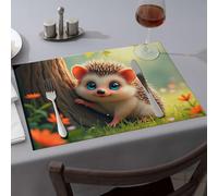 Blue Placemats A Cute Hedgehog With Big Blue Eyes Is Hiding Behind A Tree In A Sunny Forest Dining Place Mats Premium Kitchen & Dining Pink Placemats(6PCS)