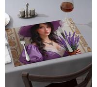 Blue Placemats A Woman In A Purple Dress Holding Lavender Flowers Dining Place Mats Premium Kitchen & Dining Strawberry Rug(4PCS)