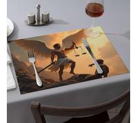 Blue Placemats Angel with Scales and Sword Stands Over Fallen Man Dining Place Mats Home Decor Washable Placemats(4PCS)