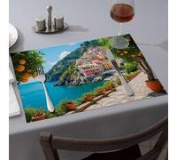 Blue Placemats Colorful Coastal Town with Orange Trees and Blue Sea Dining Place Mats Home Decor Washable Placemats(6PCS)