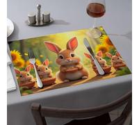 Blue Placemats Five Cute Bunnies Enjoying A Sunny Day Dining Place Mats Premium Kitchen & Dining Strawberry Rug(4PCS)