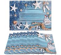 Blue Placemats Set of 8, Summer Nautical Theme Starfish Shell Fishnet Non Slip Heat Resistant Linen Fabric Cloth Place Mats, Washable Holiday Party Dining Table Mats for Coastal Home Kitchen Decor