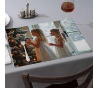 Blue Placemats Two Girls In White Dresses Admire A Christmas Tree Dining Place Mats Premium Kitchen & Dining Strawberry Rug(1PCS)