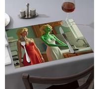 Blue Placemats Two Women In Dresses One Green Ironing In A Kitchen Dining Place Mats Premium Kitchen & Dining Strawberry Rug(6PCS)