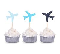 Blue Plane Cupcake Toppers for Baby Shower Decoration How Time Flies Airplane Theme Birthday Party Supplies (24 Counts)