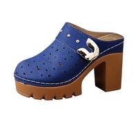 Blue Platform Chunky Block Heel Mule Clogs Women Backless Slip On Cut Out Breathable Metal Buckle Rivet Decor Casual Retro Summer Closed Toe Walking Shoes UK Size 7