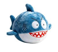 Blue Plush Shark Dog Toy with Large Eyes, Fins and Red Tooth Detail | A rounded blue shark character features large eyes, small fins, gill marks and a wide red mouth lined with white teeth.