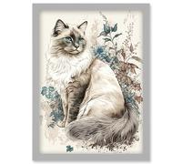 Blue Point Ragdoll Cat with Flowers Watercolour Illustration Artwork Framed Wall Art Print A4 Artery8 Light Grey One Size