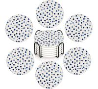 Blue Polka Dot 6Pack Ceramic Drink Coasters,Quick-Absorb Stone Coasters with Anti-Slip Cork Backing & Metal Holder, Table Protectors for Kitchen Bar
