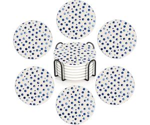 Blue Polka Dot 6Pack Ceramic Drink Coasters,Quick-Absorb Stone Coasters with Anti-Slip Cork Backing & Metal Holder, Table Protectors for Kitchen Bar