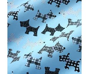 Blue Polycotton Fabric with Black & White Scottie Dogs (Per Metre)