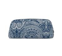 Blue Polynesian Maori Tribal Pattern Leather Zipper Three-Dimensional Pencil Case, Simple and Elegant, Fashionable and Practical