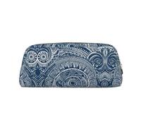 Blue Polynesian Maori Tribal Pattern Leather Zipper Three-Dimensional Pencil Case, Simple and Elegant, Fashionable and Practical