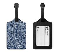 Blue Polynesian Maori Tribal Pattern Luggage Tag PU Waterproof Travel Name Tag with Card Holder for Women Men Suitcase Identifier Cute Travel Essentials