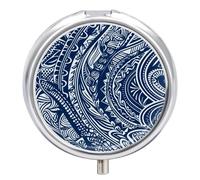 Blue Polynesian Maori Tribal Pattern Pill Box Portable Pill Organizer with 3 Compartment and Small Mirror Travel Pillcase for Pocket Or Purse Round Medicine Organizer Decorative Vitamin Organizer