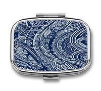 Blue Polynesian Maori Tribal Pattern Pill Case Portable Medicine Organizer Compact Travel Pill Box Small Metal Medicine Box for Purse Pocket Pill Container Holder 2 Compartments Medication Holder