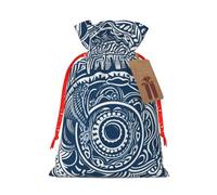 (Blue Polynesian Maori Tribal Pattern) Print Christmas New Year Candy Gift Bag, Red Xmas Ribbon Drawstring Bags for Kids Xmas Holiday Eve Presents S Size