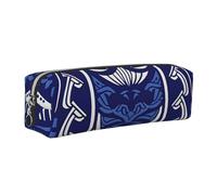 Blue Polynesian Maori Tribal Pattern Print Leather Pencil Case Portable Stationery Bag Pencil Pouch Slim Design Pen Bag with Silver Zipper Pocket Size for or Student Office College Middle School