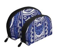 Blue Polynesian Maori Tribal Pattern Print Makeup Bag Set 2-Piece Portable Clutch Pouch Travel Cosmetic Pouches Toiletry Bags for Daily Storage & Travel Organization