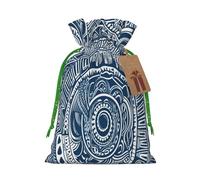 Blue Polynesian Maori Tribal Pattern -Print Reusable Burlap Pouches - Rustic Wedding Favor Bags For Celebrations, Personalized Drawstring Bags Kraft Tag.